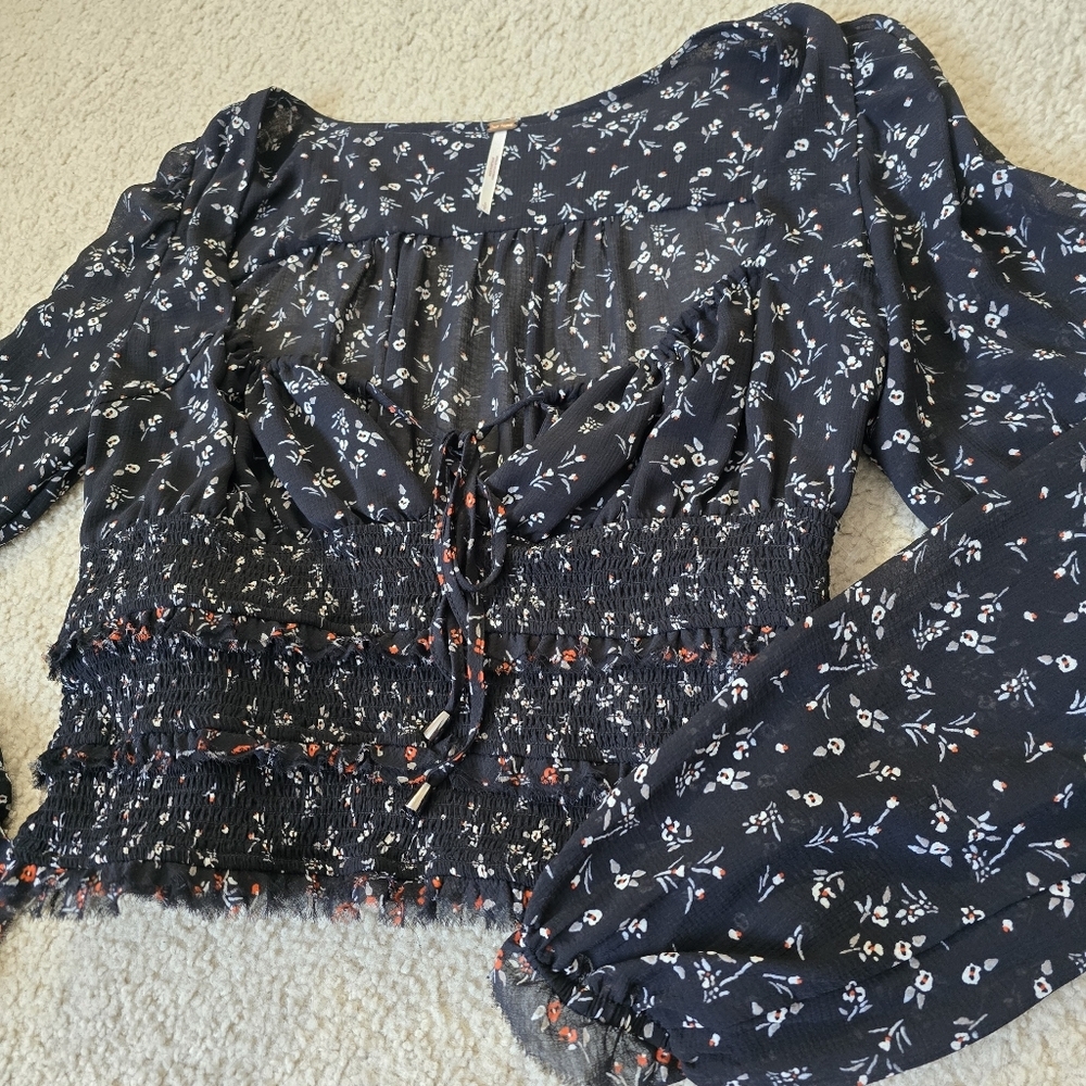Free People Lolita Top Tiered Smocked Ruffle Raw Hem Drawstring Tie Long Sleeve - Picture 4 of 12